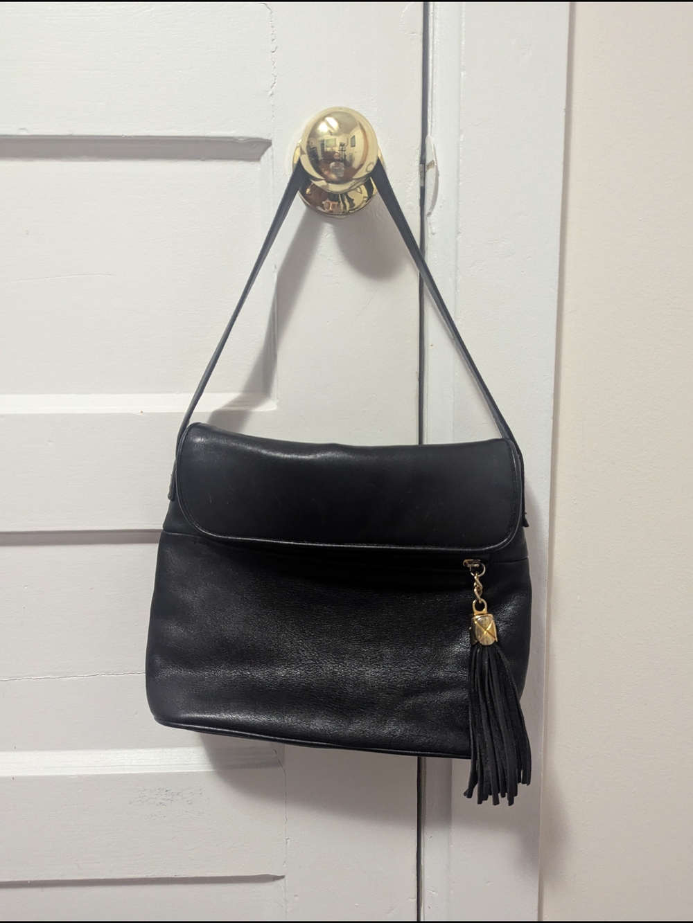 Black Leather Shoulder Bag with Tassel